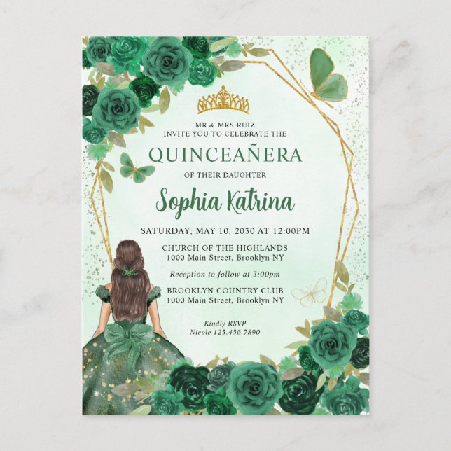 Emerald Green Gold Floral Princess Quinceañera Invitation Postcard (Front)