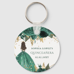 Emerald Green Gold Floral Princess Quinceanera  Key Ring