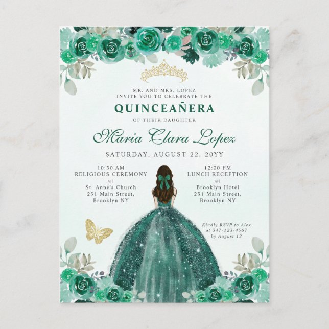 Emerald Green Gold Floral Princess Quinceañera Postcard (Front)