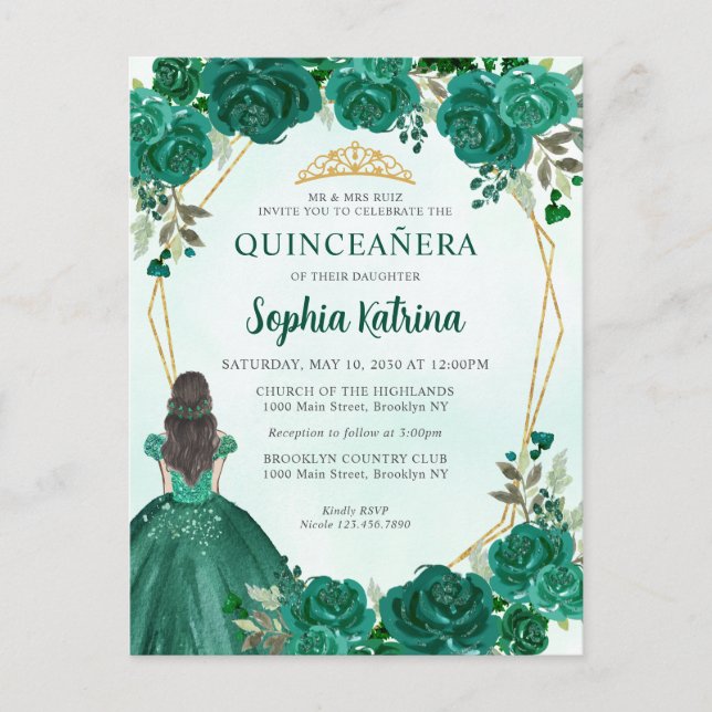 Emerald Green Gold Floral Princess Quinceañera Postcard (Front)