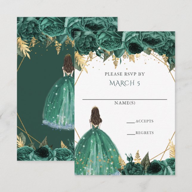 Emerald Green Gold Floral Princess Quinceanera RSVP Card (Front/Back)