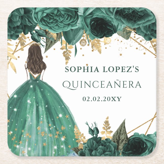 Emerald Green Gold Floral Princess Quinceanera Square Paper Coaster (Front)