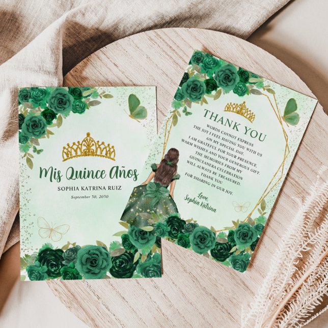 Emerald Green Gold Floral Princess Quinceañera Thank You Card (Creator Uploaded)