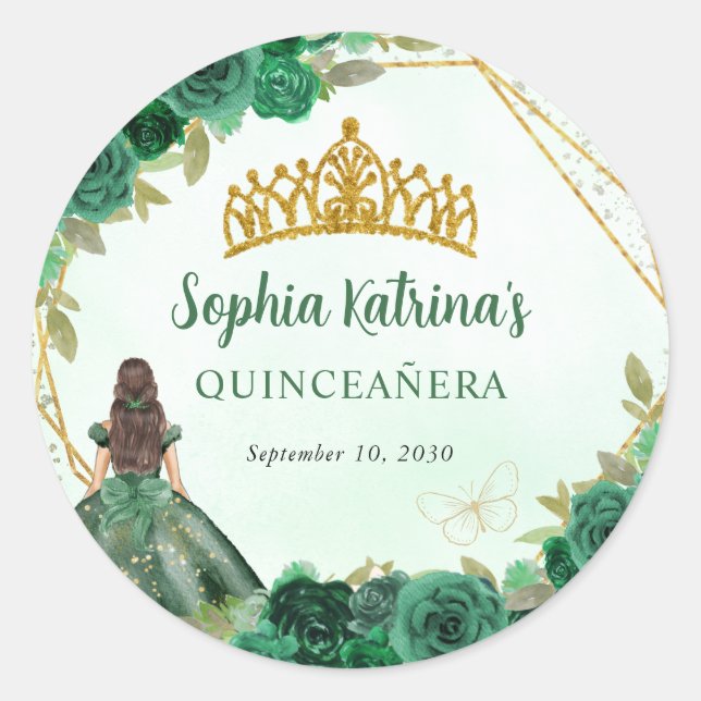 Emerald Green Gold Floral Princess Tiara Favour Classic Round Sticker (Front)