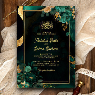 Emerald Green Gold Floral QR Code Muslim Wedding Invitation