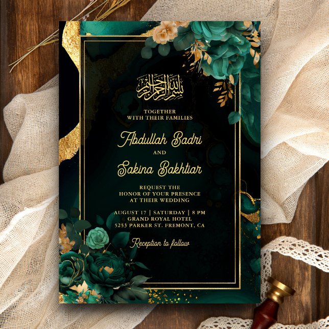 Emerald Green Gold Floral QR Code Muslim Wedding  Invitation (Creator Uploaded)