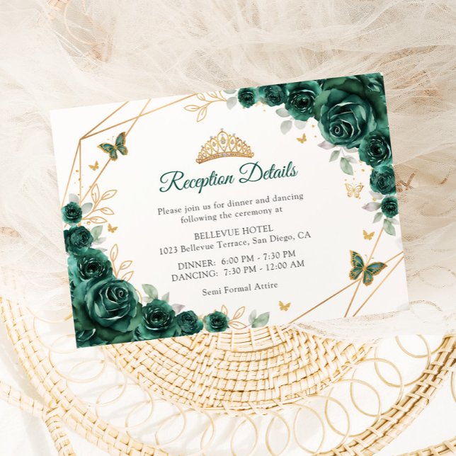 Emerald Green Gold Floral Quinceanera  Details Enclosure Card (Creator Uploaded)