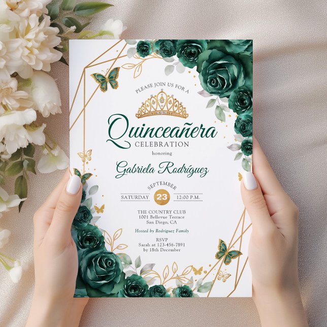 Emerald Green Gold Floral Quinceanera Invitation (Creator Uploaded)