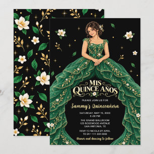 Emerald Green Gold Floral Quinceañera Invitation