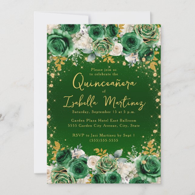 Emerald Green Gold Floral Quinceañera Sweet 15 Invitation (Front)