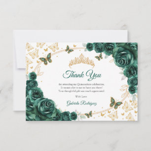 Emerald Green Gold Floral Quinceanera Thank You Card