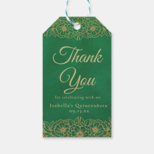 Emerald Green Gold Floral Quinceañera Thank You Gift Tags