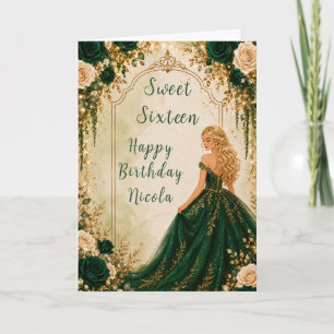 Emerald Green Gold Floral Sweet Sixteen Party Card