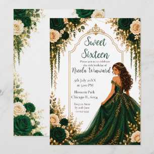 Emerald Green Gold Floral Sweet Sixteen Party Invitation