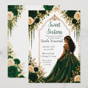 Emerald Green Gold Floral Sweet Sixteen Party Invitation