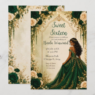Emerald Green Gold Floral Sweet Sixteen Party Invitation