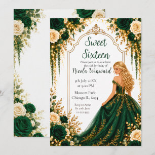 Emerald Green Gold Floral Sweet Sixteen Party Invitation