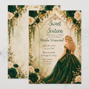 Emerald Green Gold Floral Sweet Sixteen Party Invitation