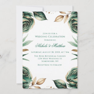 Emerald Green & Gold Floral Wedding Celebration Invitation