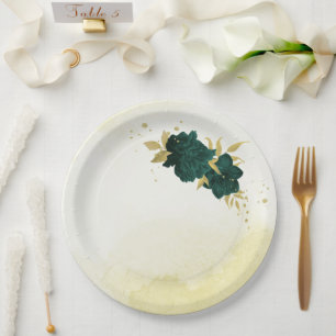 Emerald green gold floral wedding paper plate