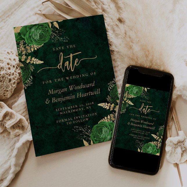 Emerald Green Gold Floral Wedding Save the Date Invitation (Creator Uploaded)