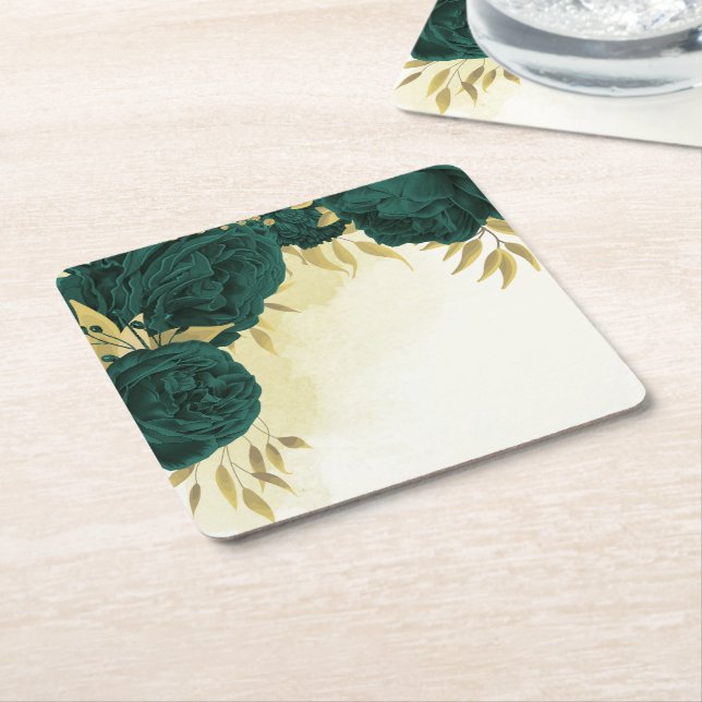 Emerald green gold floral wedding square paper coaster (Angled)