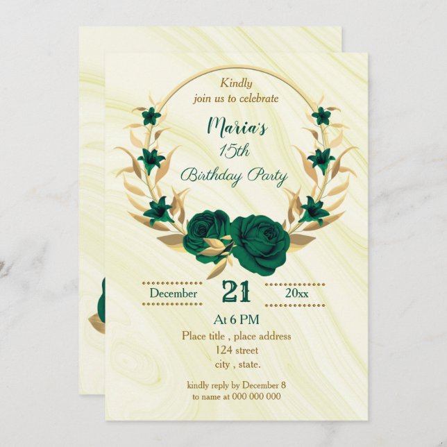 emerald green gold floral wreath birthday party invitation (Front/Back)
