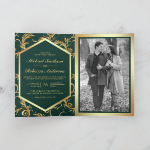 Emerald Green Gold Flourish Photo QR Code Wedding Invitation