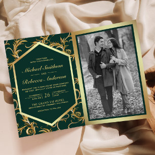 Emerald Green Gold Flourish Photo QR Code Wedding Invitation