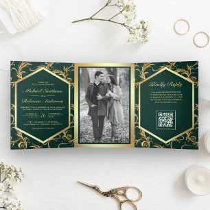 Emerald Green Gold Flourish Photo QR Code Wedding Tri-Fold Invitation