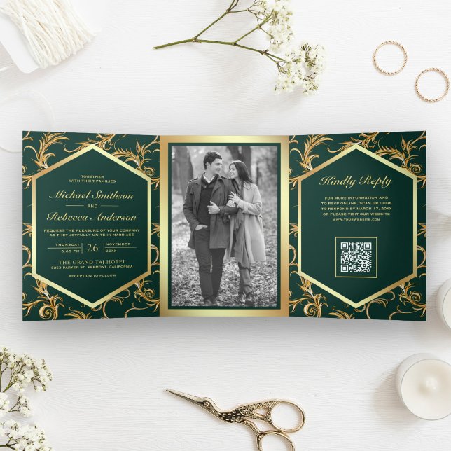 Emerald Green Gold Flourish Photo QR Code Wedding Tri-Fold Invitation (Creator Uploaded)