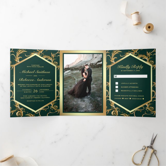Emerald Green Gold Flourish Swirl Wedding Photo Tri-Fold Invitation (Inside)