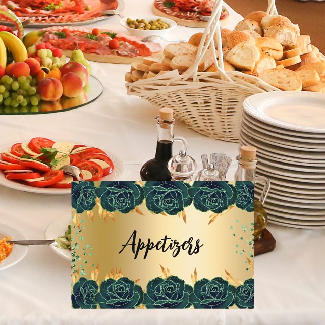 Emerald green gold flowers party food table card (Creator Uploaded)
