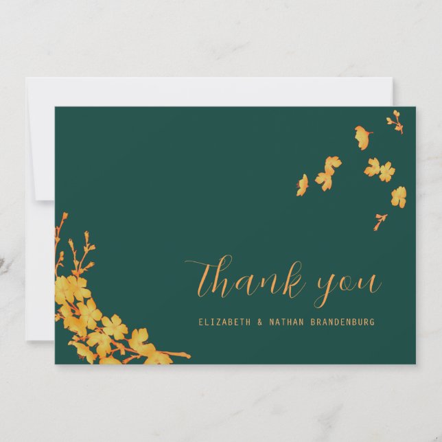 Emerald Green & Gold Flowers Thank You Card (Front)