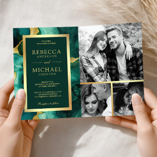 Emerald Green Gold Fluid Ink QR Code Wedding Invitation