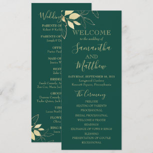 Emerald Green & Gold Foliage Botanical Wedding Programme