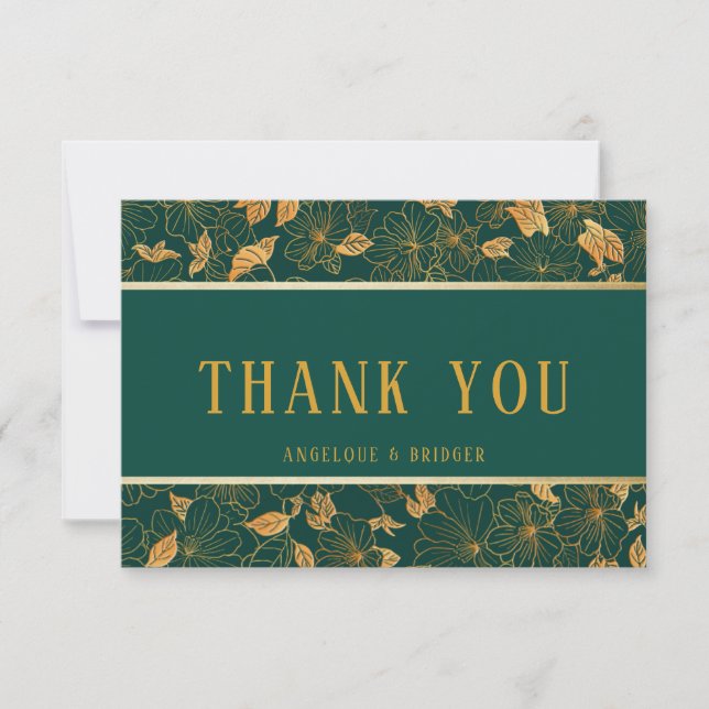 Emerald Green & Gold Foliage Thank You Card (Front)