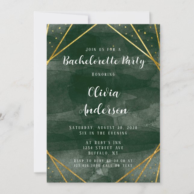 Emerald Green & Gold Geometric Bachelorette Party Invitation (Front)