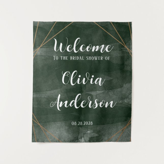 Emerald Green Gold Geometric Bridal Shower Welcome Tapestry (Front)