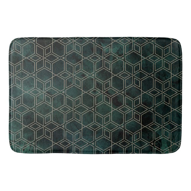 Emerald Green Gold Geometric Pattern Bath Mat (Front)