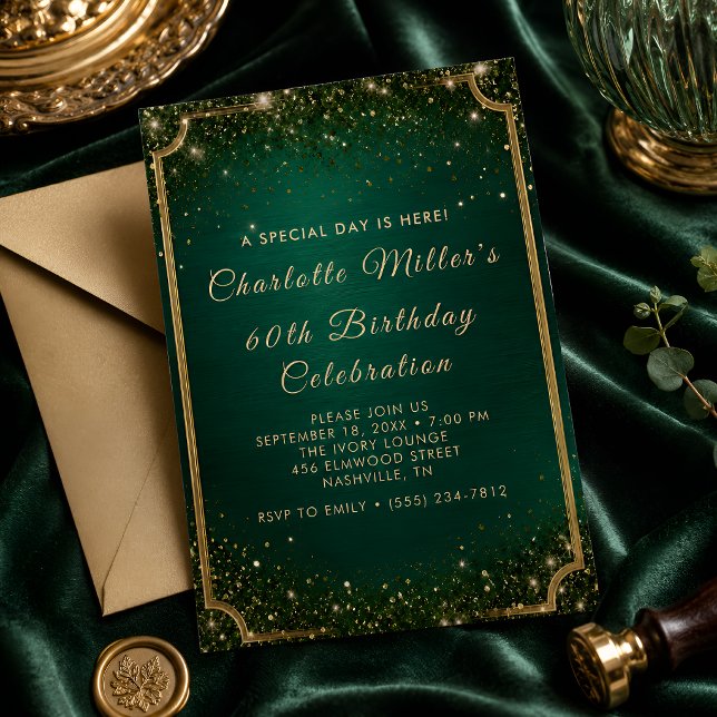 Emerald Green & Gold Glitter 60th Birthday Invitation (Creator Uploaded)
