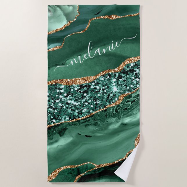 Emerald Green Gold Glitter Beach Towel Custom Name (Front)