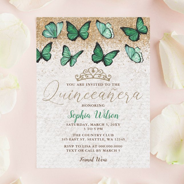Emerald Green Gold Glitter Butterfly Quinceañera Invitation (Emerald Green Gold Glitter Butterfly Quinceañera Invitation)