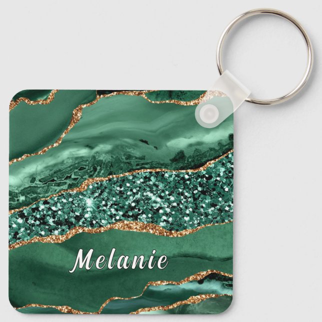 Emerald Green Gold Glitter Custom Name Keychain (Back)