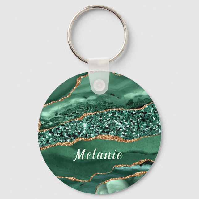 Emerald Green Gold Glitter Custom Name Keychain (Front)