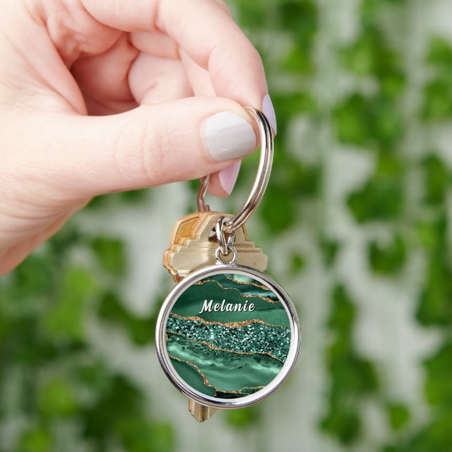 Emerald Green Gold Glitter Custom Name Keychain (Hand)