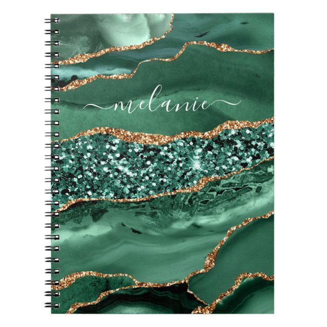 Emerald Green Gold Glitter Custom Name Notebook (Front)