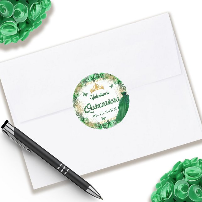 Emerald Green Gold Glitter Floral Quinceanera Classic Round Sticker (Emerald Green Gold Glitter Floral Quinceanera Classic Round )
