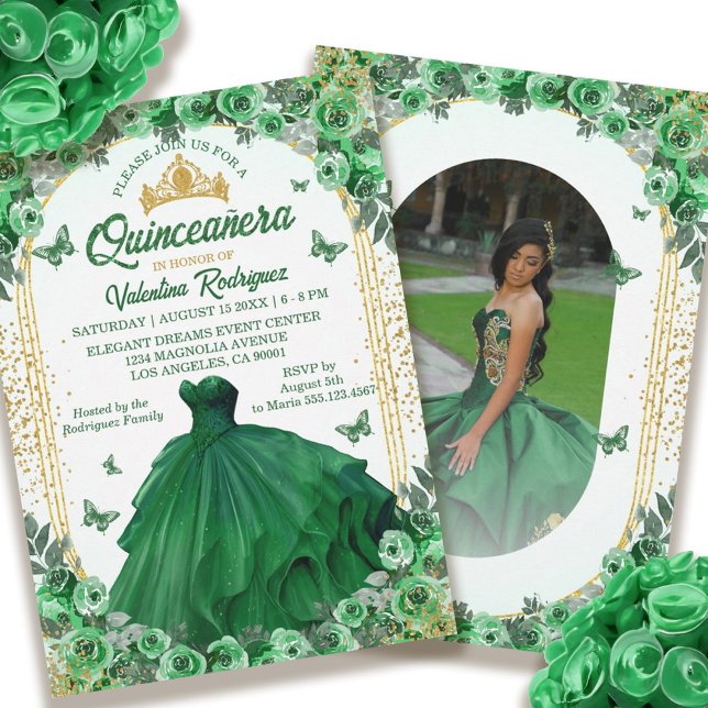 Emerald Green Gold Glitter Floral Quinceanera Invitation (Emerald Green Gold Glitter Floral Quinceanera Invitation)