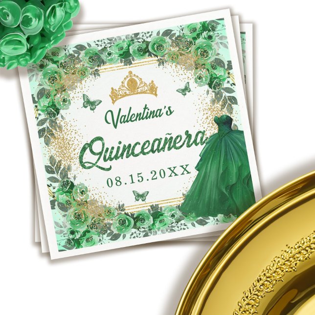 Emerald Green Gold Glitter Floral Quinceanera Napkin (Emerald Green Gold Glitter Floral Quinceanera Napkins)